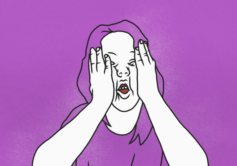 Illustration of woman stressed with head in hands against pink background